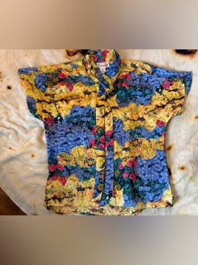 Vintage 80s Floral Cross Collar Blouse